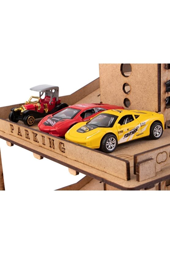 Doğal Ahşap Boyanabilir Asansörlü 3 Katlı Araç Otoparkı 66 Parça Ahşap Yapboz Hobi Oyuncak