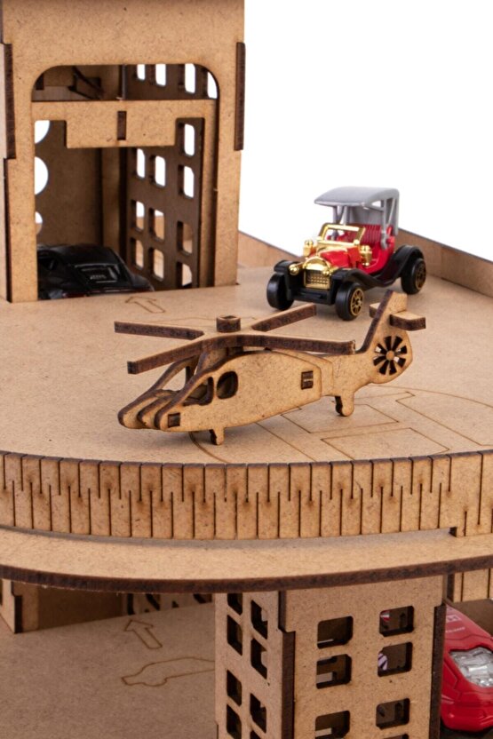 Doğal Ahşap Boyanabilir Asansörlü 3 Katlı Araç Otoparkı 66 Parça Ahşap Yapboz Hobi Oyuncak