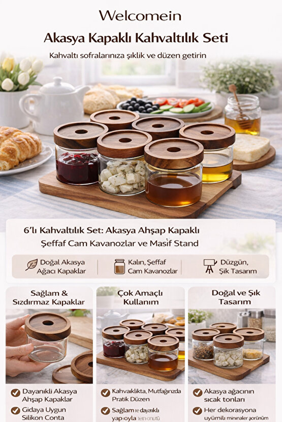 13 Parça Akasya Standlı Akasya Kapaklı 6lı Cam Kahvaltılık Seti Kahvaltı Takımı