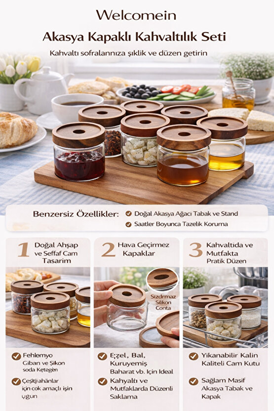 13 Parça Akasya Standlı Akasya Kapaklı 6lı Cam Kahvaltılık Seti Kahvaltı Takımı