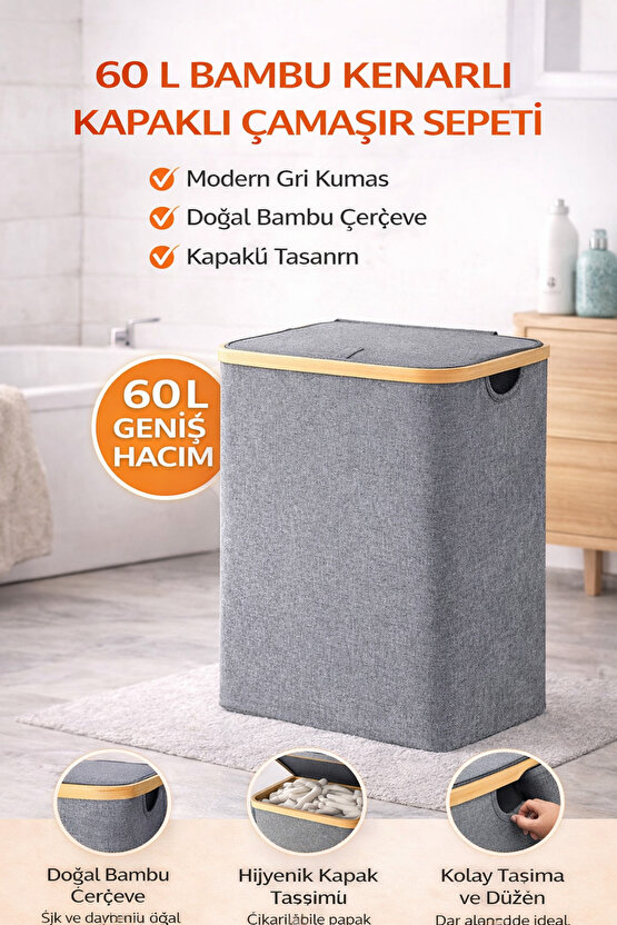 60 L Bambu Kenarlı Kapaklı Çamaşır Sepeti – Gri Kumaş, Modern Kirli Sepeti