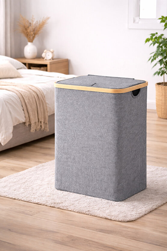 60 L Bambu Kenarlı Kapaklı Çamaşır Sepeti – Gri Kumaş, Modern Kirli Sepeti