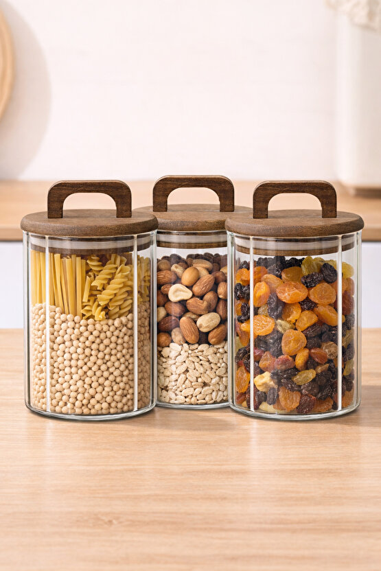 3’lü Cam Kavanoz Seti 950 ml – Ahşap Kapaklı, Hava Geçirmez, Gıda Saklama Kavanozu