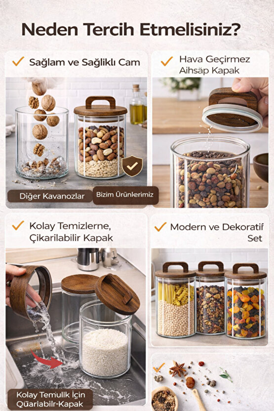 3’lü Cam Kavanoz Seti 950 ml – Ahşap Kapaklı, Hava Geçirmez, Gıda Saklama Kavanozu