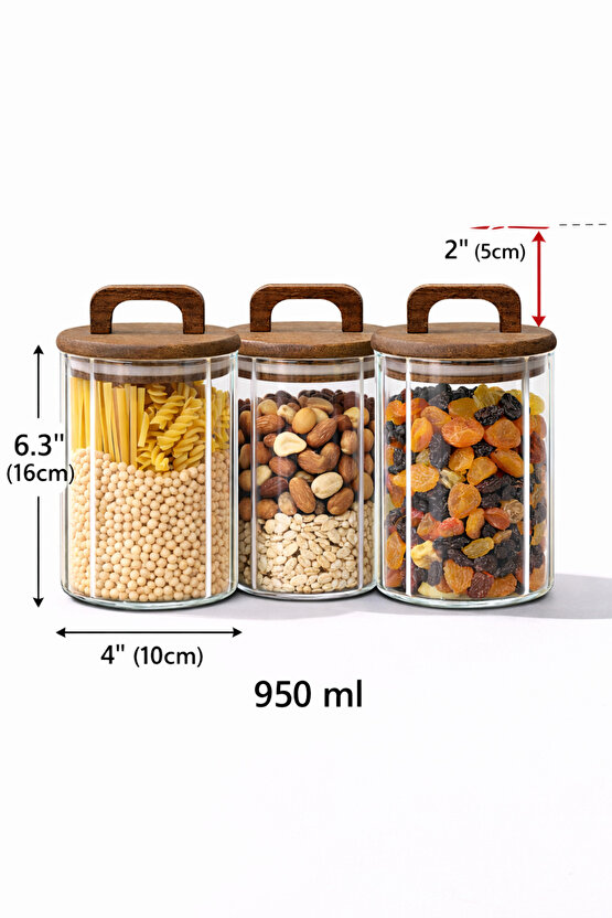3’lü Cam Kavanoz Seti 950 ml – Ahşap Kapaklı, Hava Geçirmez, Gıda Saklama Kavanozu