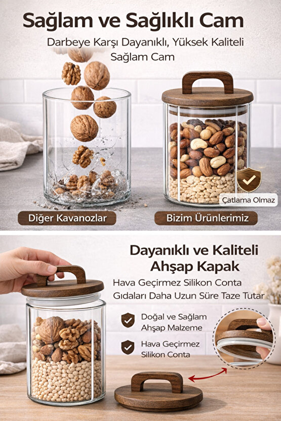 3’lü Cam Kavanoz Seti 950 ml – Ahşap Kapaklı, Hava Geçirmez, Gıda Saklama Kavanozu