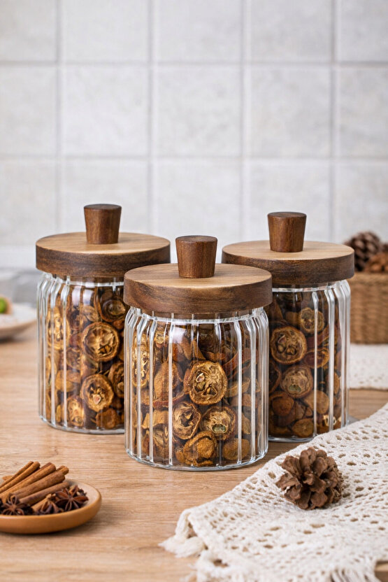 Ahşap Kulplu Kapaklı 3’lü Cam Kavanoz Seti | 450 ml + 450 ml + 450 ml | Gıda Saklama Kavanozu