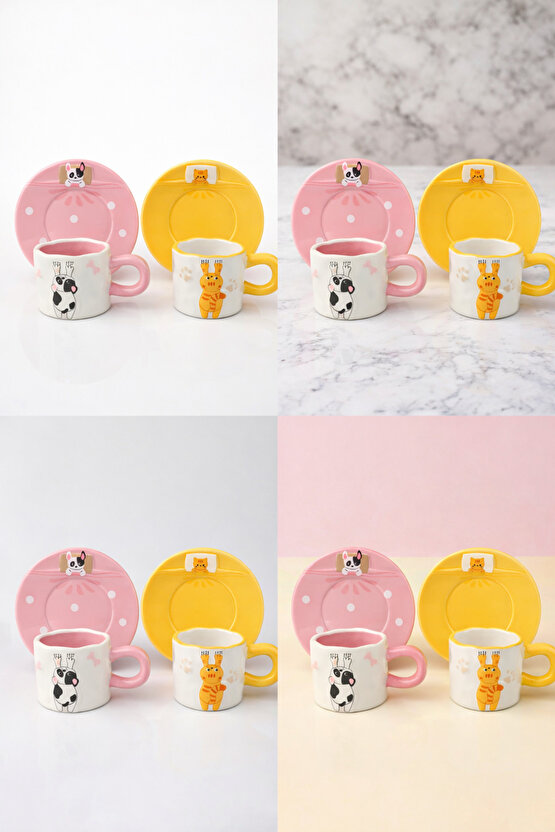 Hayvan Figürlü Seramik Fincan & Tabak Seti 2’li (Pembe İnek + Sarı Zürafa)