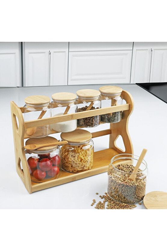 Bambulu 7’li Cam Baharat & Saklama Kavanozu Seti – Kaşıklı Standlı Düzenleyici