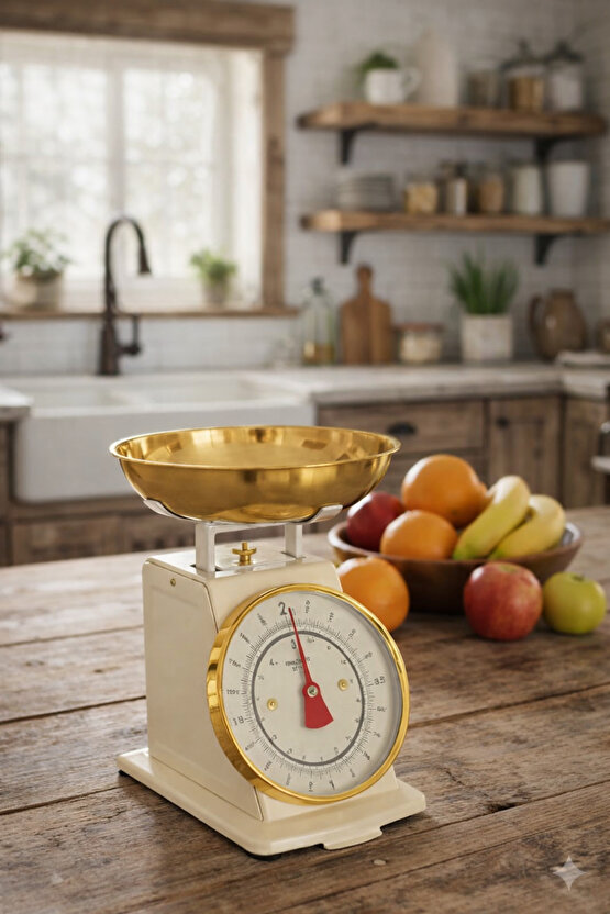 Vintage Tasarım Analog Mutfak Terazisi 5 kg Kapasiteli Pirinç Kaseli Pembe Gold