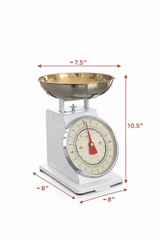 Vintage Tasarım Analog Mutfak Terazisi 5 kg Kapasiteli Pirinç Kaseli Beyaz Kase