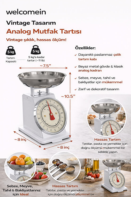 Vintage Tasarım Analog Mutfak Terazisi 5 kg Kapasiteli Pirinç Kaseli Beyaz Kase
