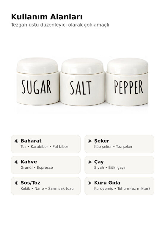 Porselen Küçük Baharatlık Takımı 3’lü – Kapaklı, Minimal Tasarım, Tezgah Üstü