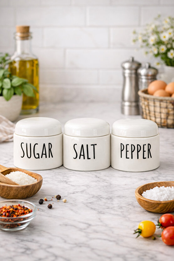 Porselen Küçük Baharatlık Takımı 3’lü – Kapaklı, Minimal Tasarım, Tezgah Üstü