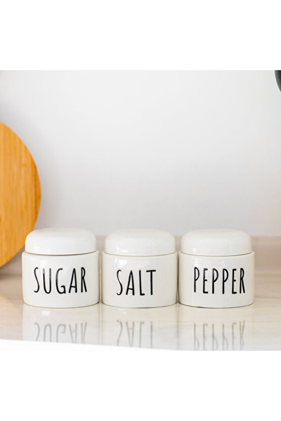 Porselen Küçük Baharatlık Takımı 3’lü – Kapaklı, Minimal Tasarım, Tezgah Üstü