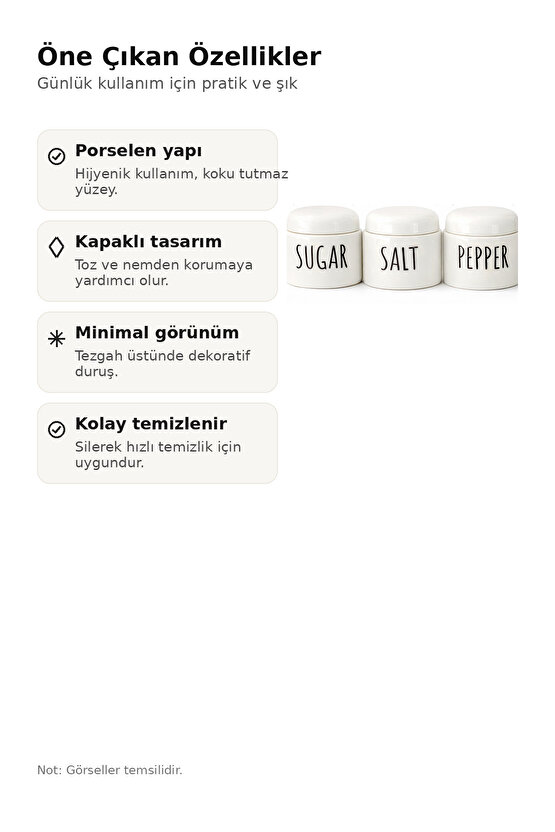 Porselen Küçük Baharatlık Takımı 3’lü – Kapaklı, Minimal Tasarım, Tezgah Üstü