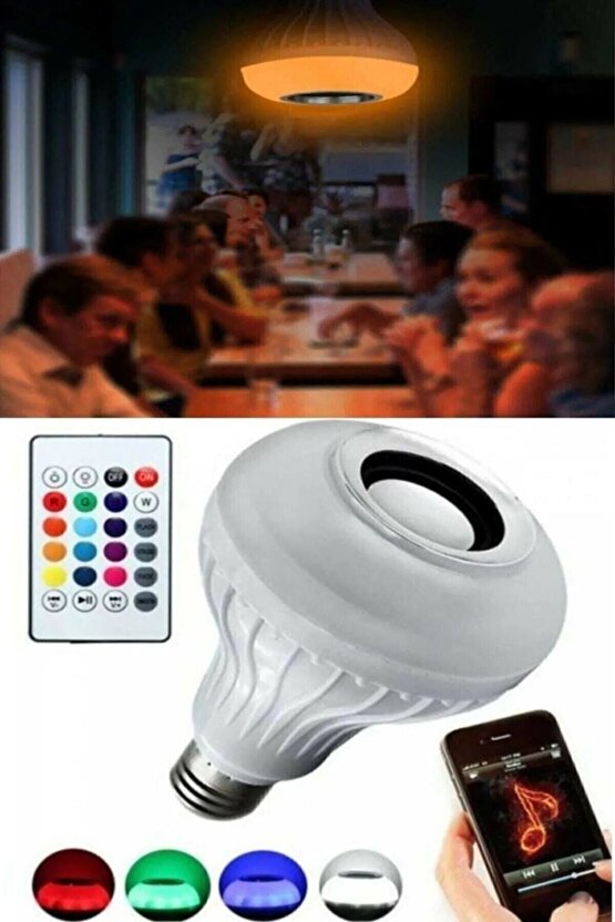 Bluetooth Hoparlörlü, RGB LED Işıklı Lamba, Uzaktan Kumandalı Müzik Çalar Ampul, Renkli Aydınlatma