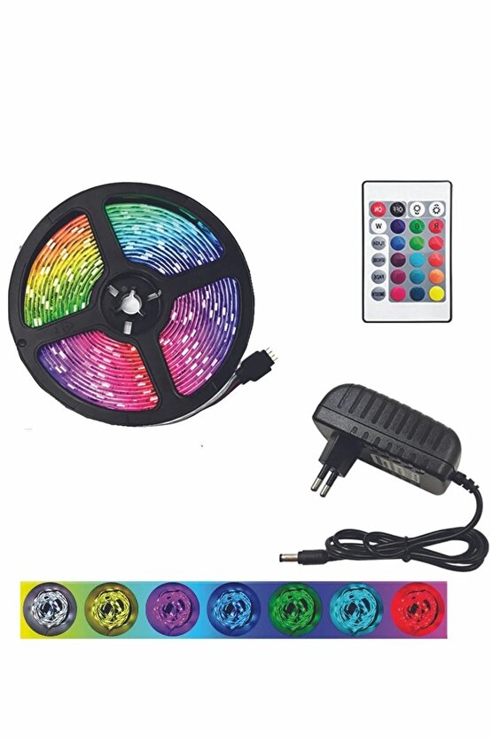 Led 5 Mt Renkli Kumandalı Adaptörlü Çift Taraflı Bant Tak Çalıştır Rgb 20 Fonksyonlu Şerit