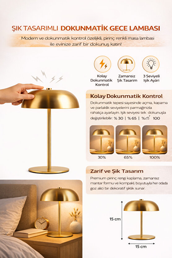 Dokunmatik Gold Masa Lambası Abajur – 21x15 cm Gece Lambası