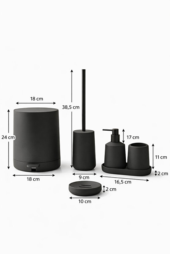 Mat Siyah 5 Parça Yuvarlak Banyo Seti – Kovası, Tuvalet Fırçası, Sıvı Sabunluk