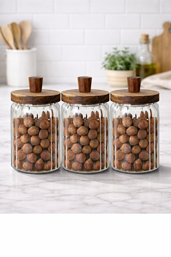 Ahşap Kapaklı Cam Kavanoz Seti 3’lü – 700 ml – Gıda Saklamaya Uygun, Şeffaf Cam Erzak Saklama