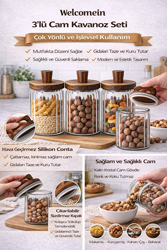 Ahşap Kapaklı Cam Kavanoz Seti 3’lü – 700 ml – Gıda Saklamaya Uygun, Şeffaf Cam Erzak Saklama