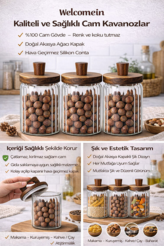 Ahşap Kapaklı Cam Kavanoz Seti 3’lü – 700 ml – Gıda Saklamaya Uygun, Şeffaf Cam Erzak Saklama