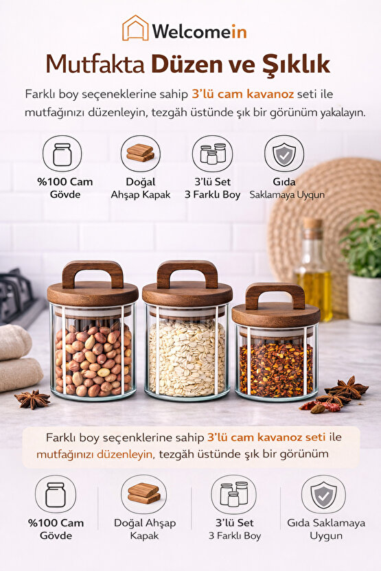 3’lü Cam Kavanoz Seti 450 ml | Ahşap Kapaklı | Gıda Saklama Kavanozu Erzak Saklama