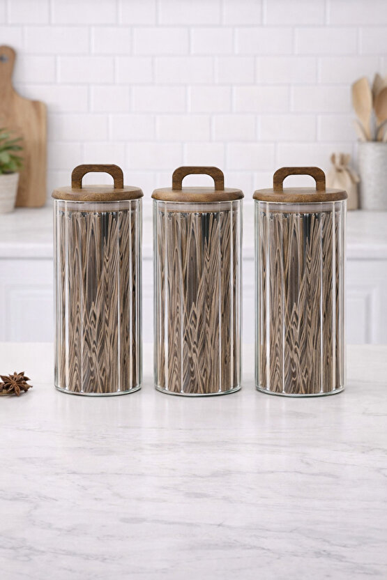 3’lü Cam Kavanoz Seti 1550 ml | Ahşap Kapaklı, Şeffaf, Gıda Saklama Kavanozu Erzak Saklama