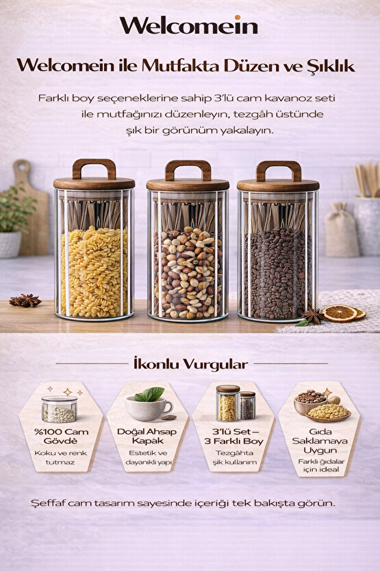 3’lü Cam Kavanoz Seti 1550 ml | Ahşap Kapaklı, Şeffaf, Gıda Saklama Kavanozu Erzak Saklama