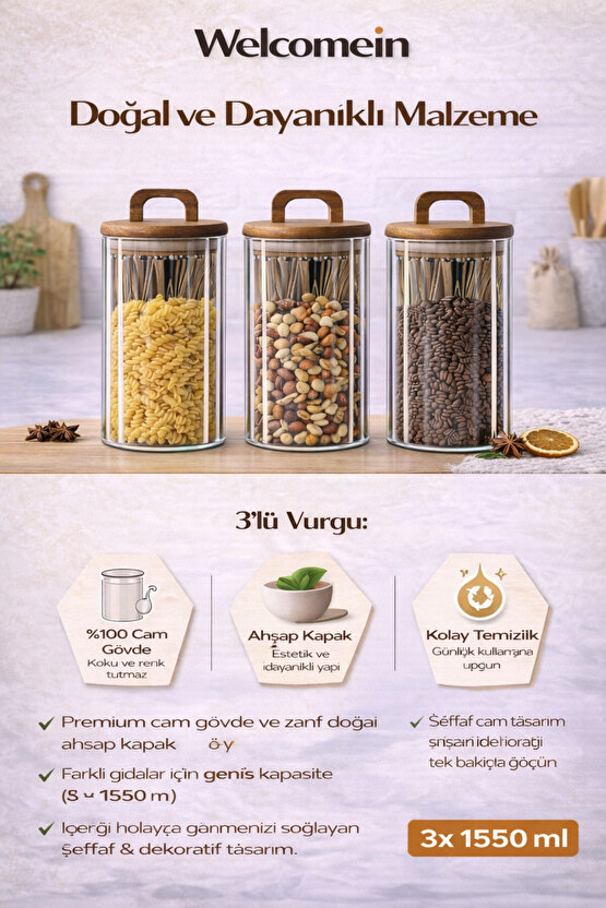 3’lü Cam Kavanoz Seti 1550 ml | Ahşap Kapaklı, Şeffaf, Gıda Saklama Kavanozu Erzak Saklama