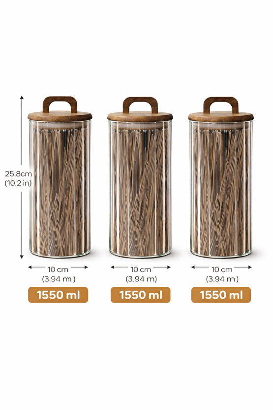 3’lü Cam Kavanoz Seti 1550 ml | Ahşap Kapaklı, Şeffaf, Gıda Saklama Kavanozu Erzak Saklama