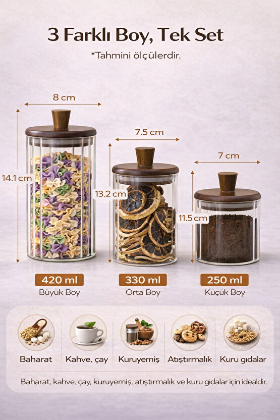 Ahşap Kapaklı 3’lü Cam Kavanoz Seti 420 ml + 330 ml + 250 ml | Baharat Kahve Saklama Kavanozu