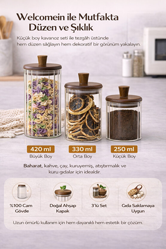Ahşap Kapaklı 3’lü Cam Kavanoz Seti 420 ml + 330 ml + 250 ml | Baharat Kahve Saklama Kavanozu