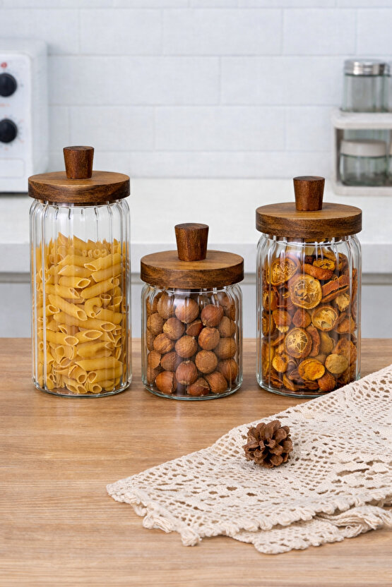 Ahşap Kapaklı 3’lü Cam Kavanoz Seti | 950 ml + 700 ml + 450 ml | Gıda Saklamaya Uygun