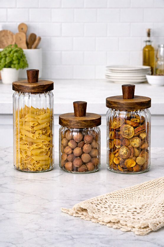 Ahşap Kapaklı 3’lü Cam Kavanoz Seti | 950 ml + 700 ml + 450 ml | Gıda Saklamaya Uygun