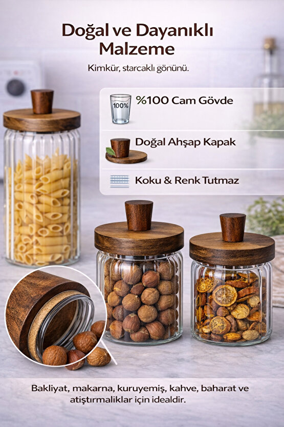 Ahşap Kapaklı 3’lü Cam Kavanoz Seti | 950 ml + 700 ml + 450 ml | Gıda Saklamaya Uygun