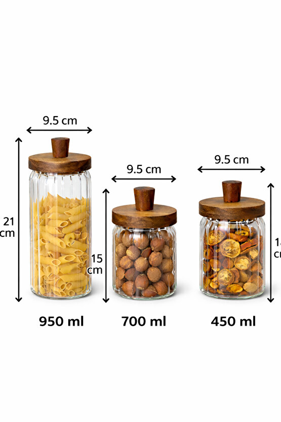Ahşap Kapaklı 3’lü Cam Kavanoz Seti | 950 ml + 700 ml + 450 ml | Gıda Saklamaya Uygun