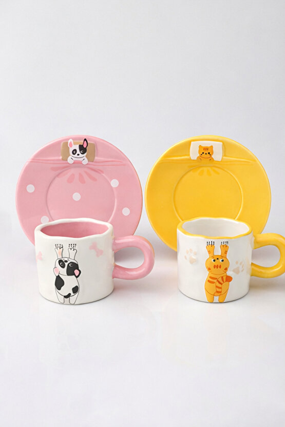 Hayvan Figürlü Seramik Fincan & Tabak Seti 2’li (Pembe İnek + Sarı Zürafa)