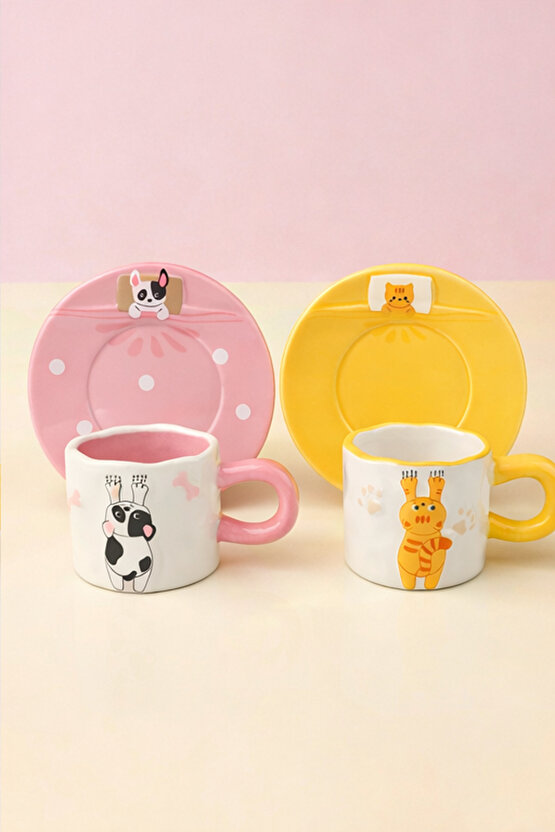 Hayvan Figürlü Seramik Fincan & Tabak Seti 2’li (Pembe İnek + Sarı Zürafa)