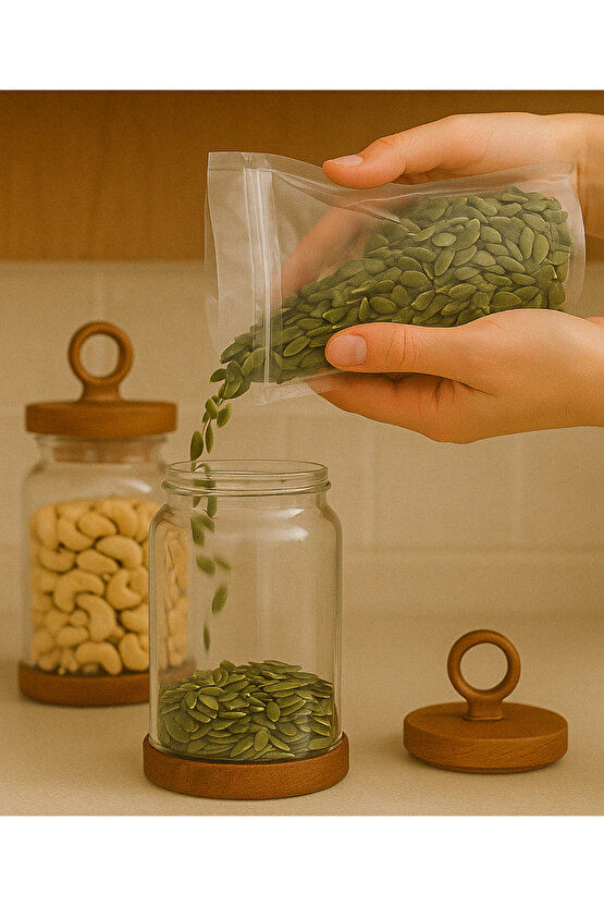 3lü Ahşap Kapaklı Cam Kavanoz Seti Vakum Kapaklı Büyük Boy Erzak Bakliyat Seti Gıda Saklama Kabı