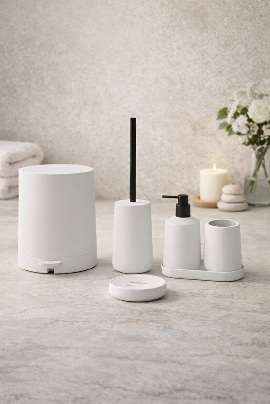 Mat Beyaz 5 Parça Yuvarlak Banyo Seti – Kovası, Tuvalet Fırçası, Sıvı Sabunluk