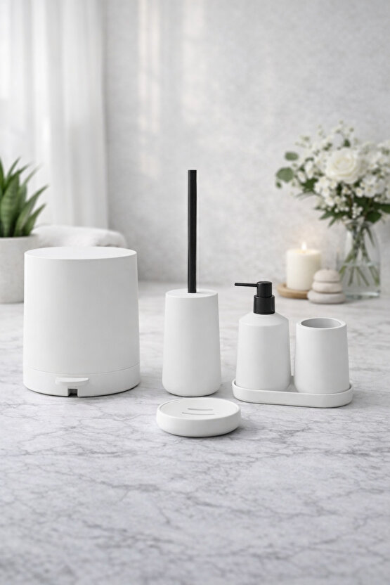 Mat Beyaz 5 Parça Yuvarlak Banyo Seti – Kovası, Tuvalet Fırçası, Sıvı Sabunluk