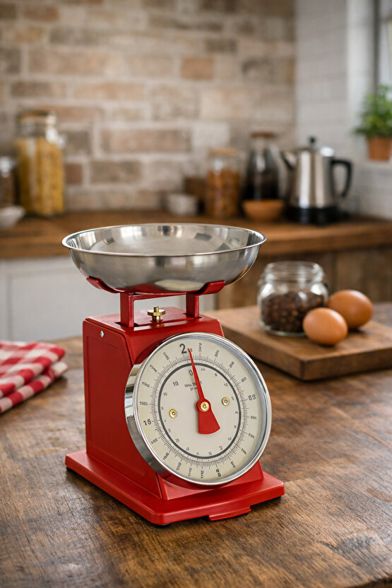 Vintage Tasarım Analog Mutfak Terazisi 5 kg Kapasiteli Pirinç Kaseli Kırmızı
