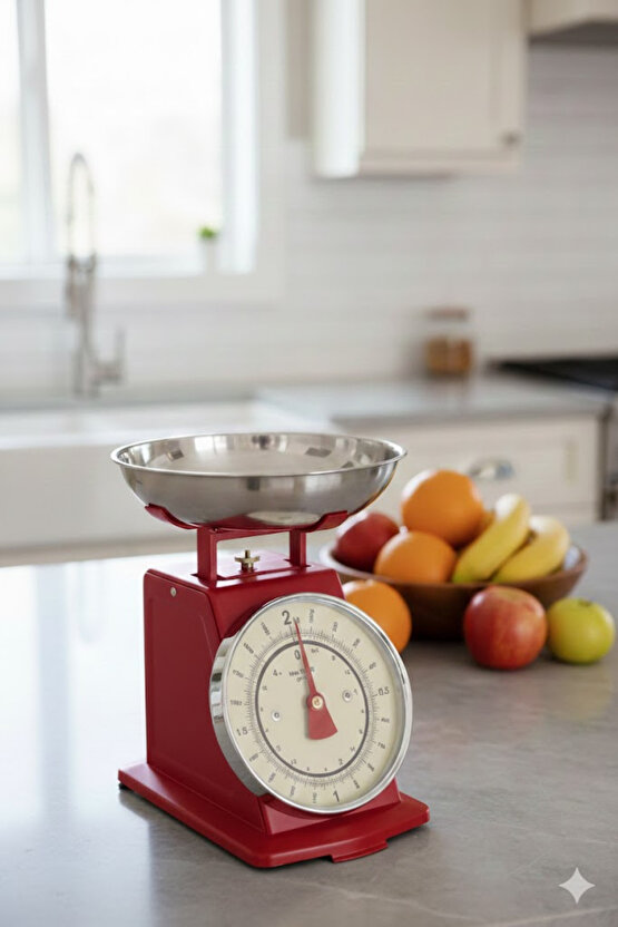 Vintage Tasarım Analog Mutfak Terazisi 5 kg Kapasiteli Pirinç Kaseli Kırmızı