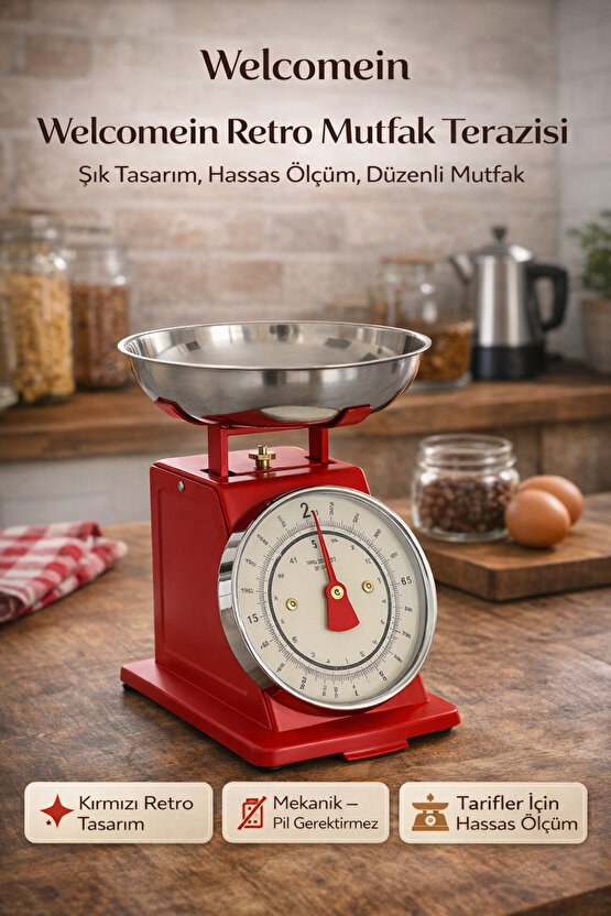Vintage Tasarım Analog Mutfak Terazisi 5 kg Kapasiteli Pirinç Kaseli Kırmızı