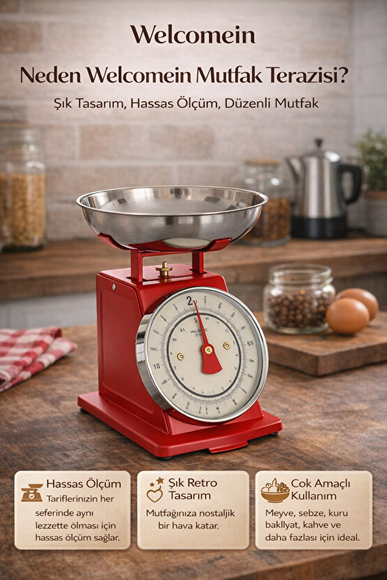 Vintage Tasarım Analog Mutfak Terazisi 5 kg Kapasiteli Pirinç Kaseli Kırmızı
