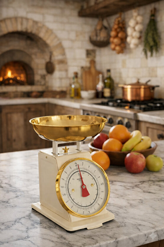 Vintage Tasarım Analog Mutfak Terazisi 5 kg Kapasiteli Pirinç Kaseli Pembe Gold