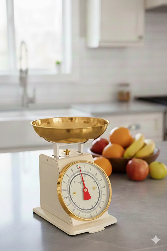 Vintage Tasarım Analog Mutfak Terazisi 5 kg Kapasiteli Pirinç Kaseli Pembe Gold