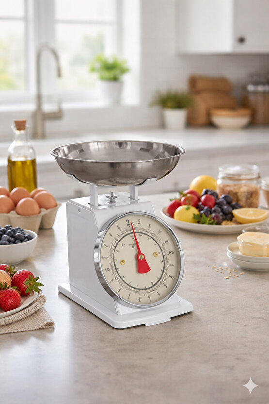 Vintage Tasarım Analog Mutfak Terazisi 5 kg Kapasiteli Pirinç Kaseli Beyaz Kase